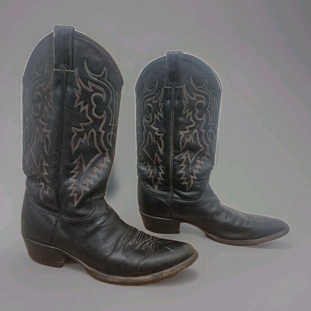 Vintage Justin Western Cowboy Boots Size 9.5D Style 1021 Black Leather USA